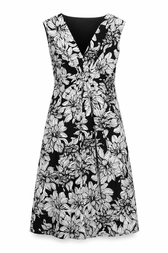 Front view of Wallis women’s black floral polyester a-line, size UK 10, v-neck pullover - twist detail