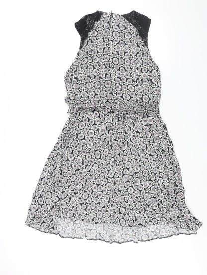 Wallis Womens Multicoloured Geometric Viscose Shift Size 16 Round Neck Zip - Lace Detail Belted Floral Print