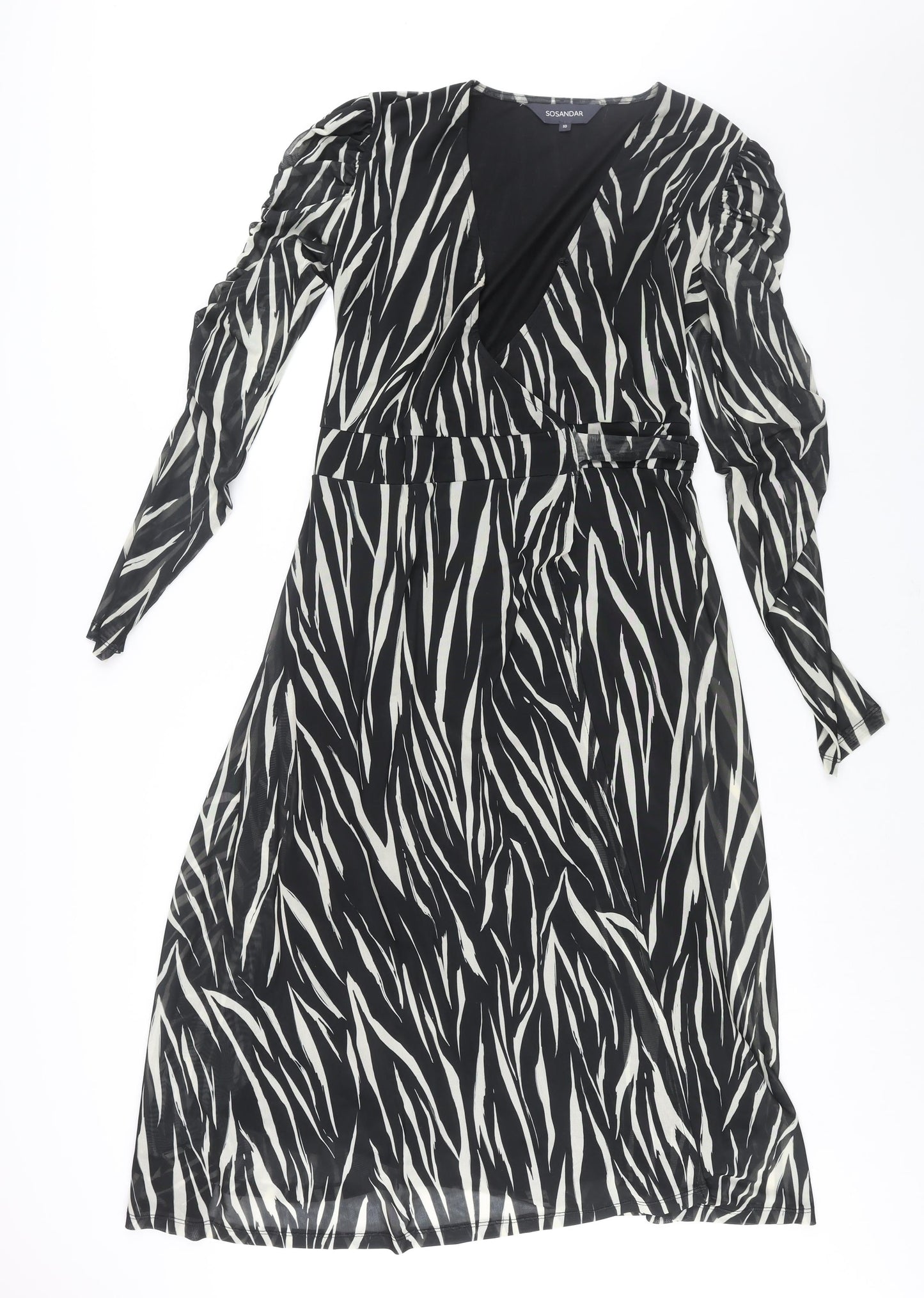 Sosandar Womens Black Geometric Polyester Wrap Dress Size 10 V-Neck Tie