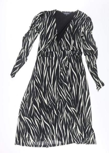 Sosandar Womens Black Geometric Polyester Wrap Dress Size 10 V-Neck Tie