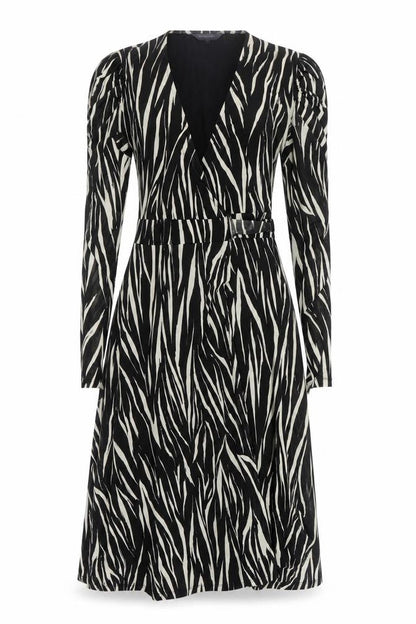 Sosandar Womens Black Geometric Polyester Wrap Dress Size 10 V-Neck Tie