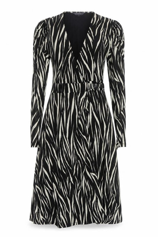 Sosandar Womens Black Geometric Polyester Wrap Dress Size 10 V-Neck Tie