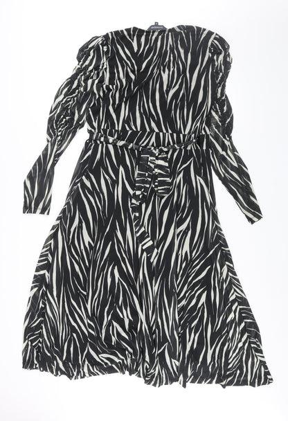 Sosandar Womens Black Geometric Polyester Wrap Dress Size 10 V-Neck Tie