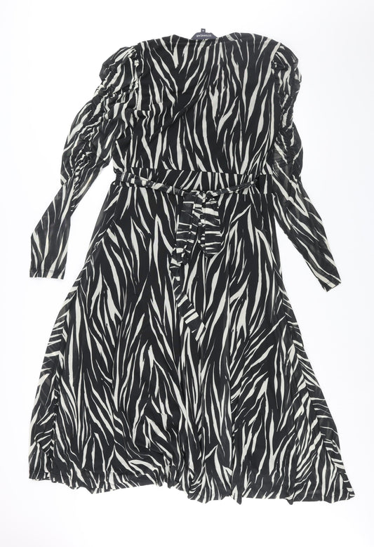 Sosandar Womens Black Geometric Polyester Wrap Dress Size 10 V-Neck Tie