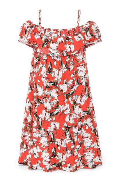 ICHI Womens Red Floral Viscose Shift Size S Scoop Neck Pullover - Frill Cold Shoulder