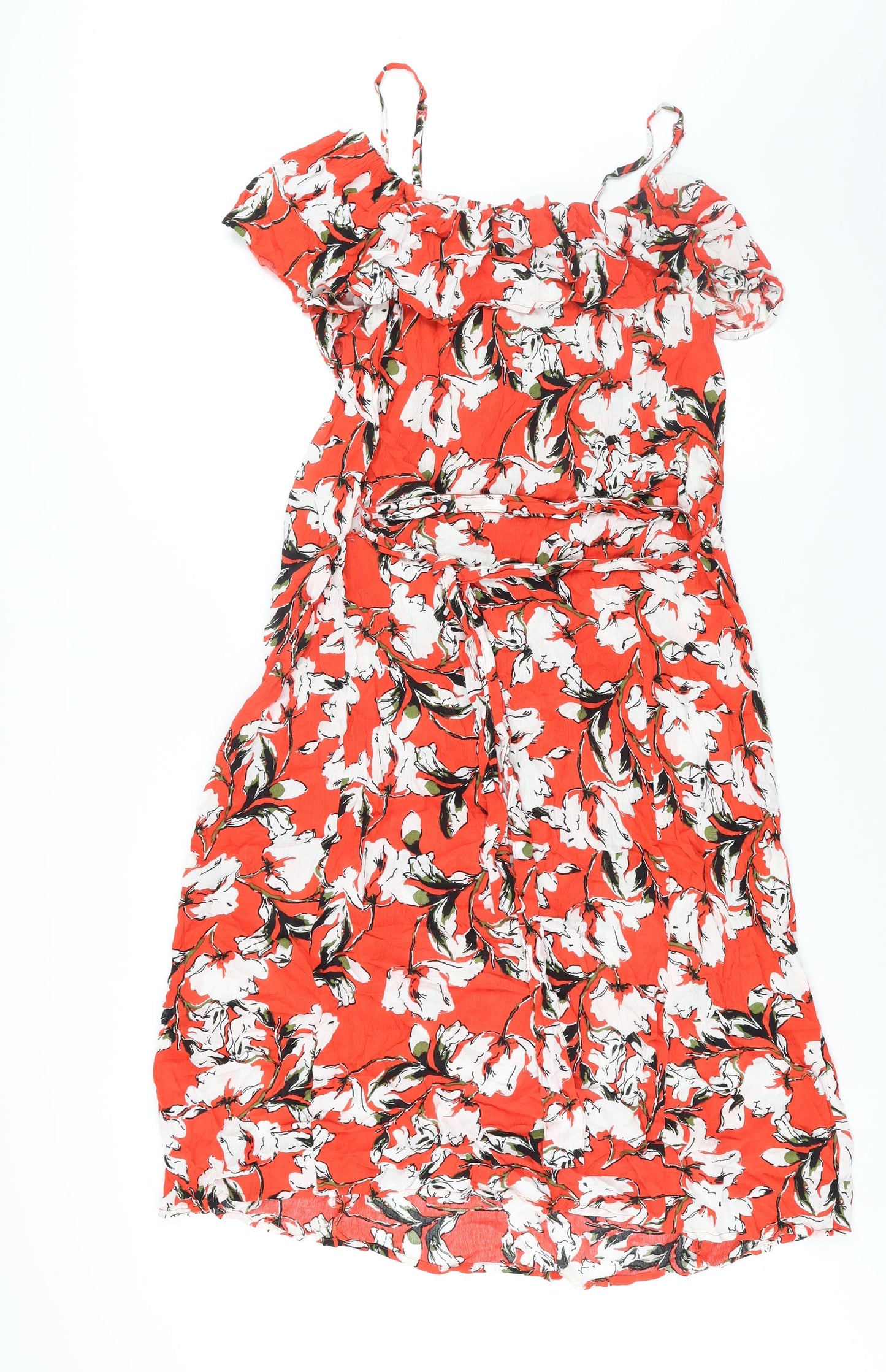 ICHI Womens Red Floral Viscose Shift Size S Scoop Neck Pullover - Frill Cold Shoulder