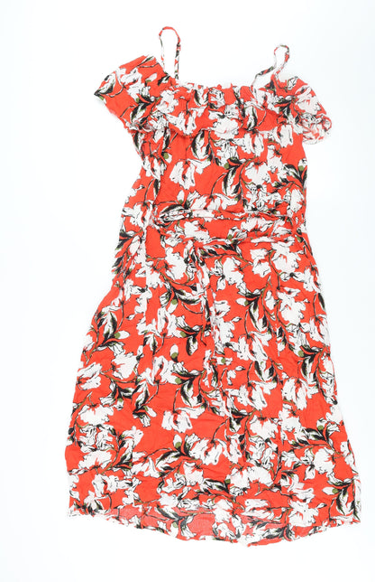 ICHI Womens Red Floral Viscose Shift Size S Scoop Neck Pullover - Frill Cold Shoulder