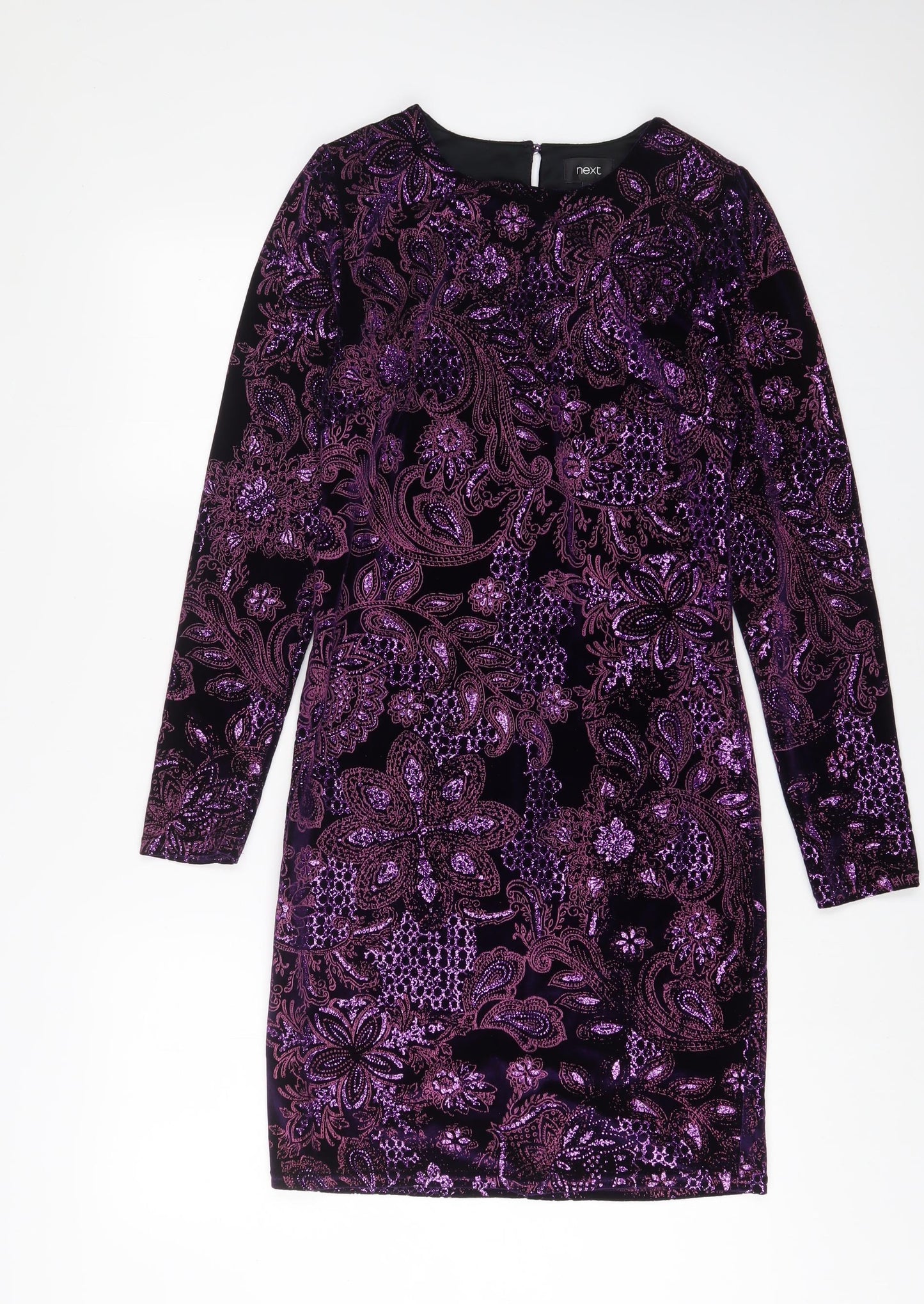 NEXT Womens Purple Fair Isle Polyester Sheath Size 10 Boat Neck Button - Embroidered, Glitter