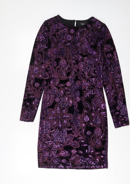 NEXT Womens Purple Fair Isle Polyester Sheath Size 10 Boat Neck Button - Embroidered, Glitter