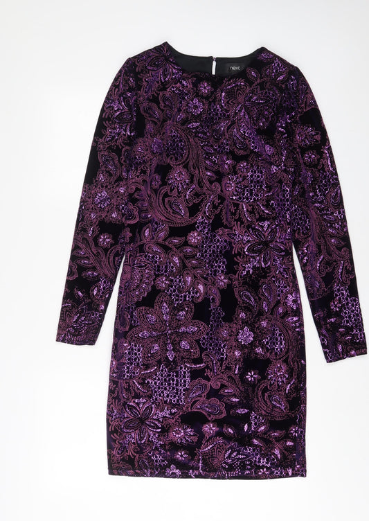 NEXT Womens Purple Fair Isle Polyester Sheath Size 10 Boat Neck Button - Embroidered, Glitter