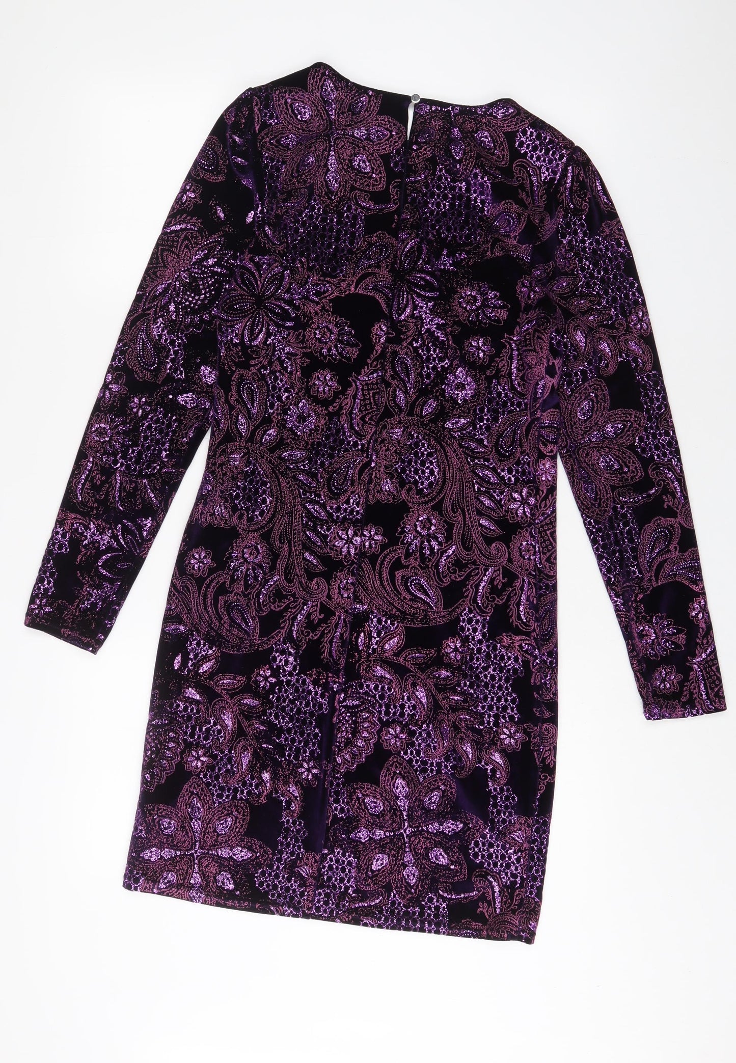 NEXT Womens Purple Fair Isle Polyester Sheath Size 10 Boat Neck Button - Embroidered, Glitter