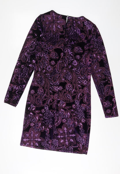 NEXT Womens Purple Fair Isle Polyester Sheath Size 10 Boat Neck Button - Embroidered, Glitter