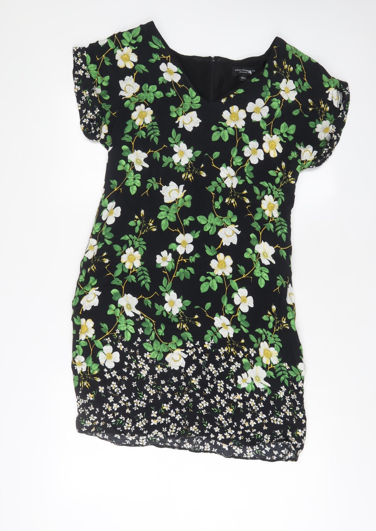 Dorothy Perkins Womens Black Floral Viscose Sheath Size 14 Scoop Neck Zip