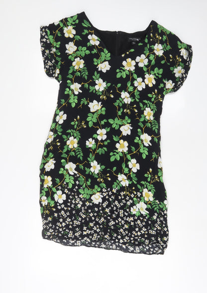 Dorothy Perkins Womens Black Floral Viscose Sheath Size 14 Scoop Neck Zip