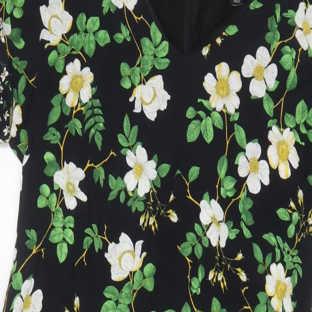 Dorothy Perkins Womens Black Floral Viscose Sheath Size 14 Scoop Neck Zip