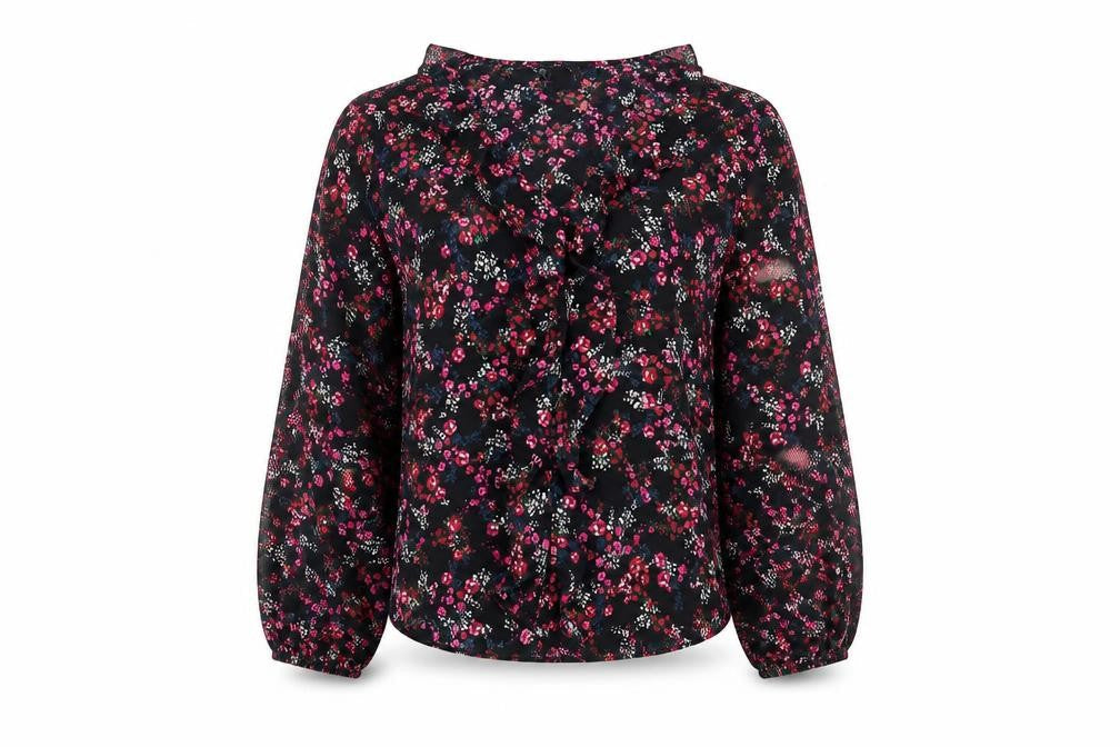 Front view of Wallis women’s black floral polyester basic blouse, size UK 10, v-neck
