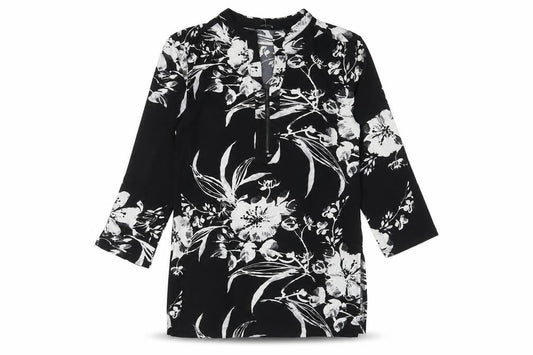 Front view of Roman women’s black fair isle polyester tunic t-shirt, size UK 10, v-neck