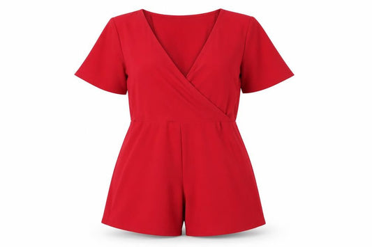 Front view of Missguided women’s red polyester playsuit one-piece, size UK 8, 3-inch leg pullover