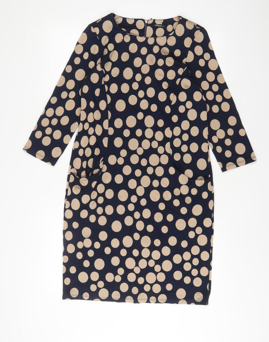 Roman Womens Blue Polka Dot Polyester Sheath Size 10 Boat Neck Zip