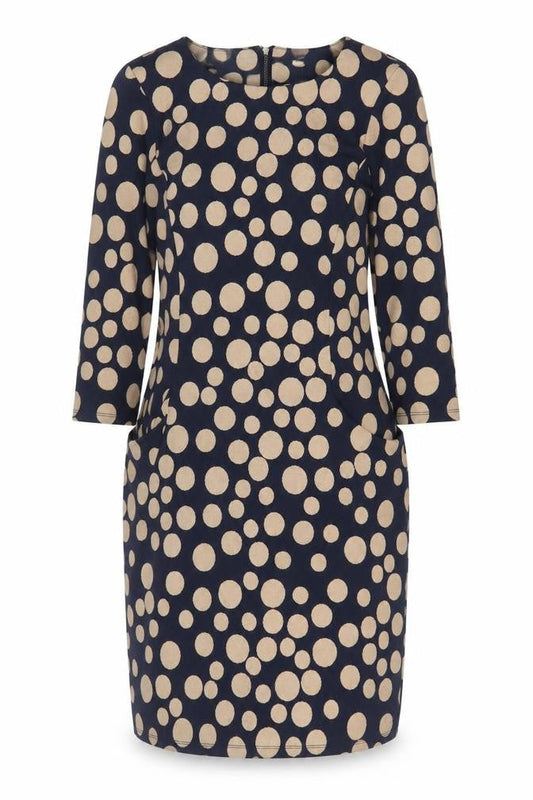 Front view of Roman women’s blue polka dot polyester sheath, size UK 10, boat neck zip