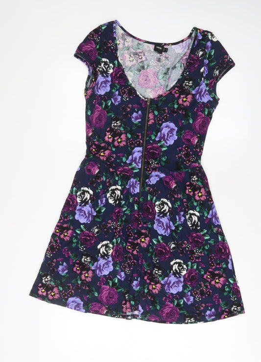 ASOS Womens Purple Floral Viscose A-Line Size 12 V-Neck Zip