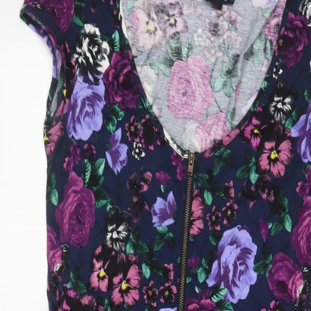 ASOS Womens Purple Floral Viscose A-Line Size 12 V-Neck Zip