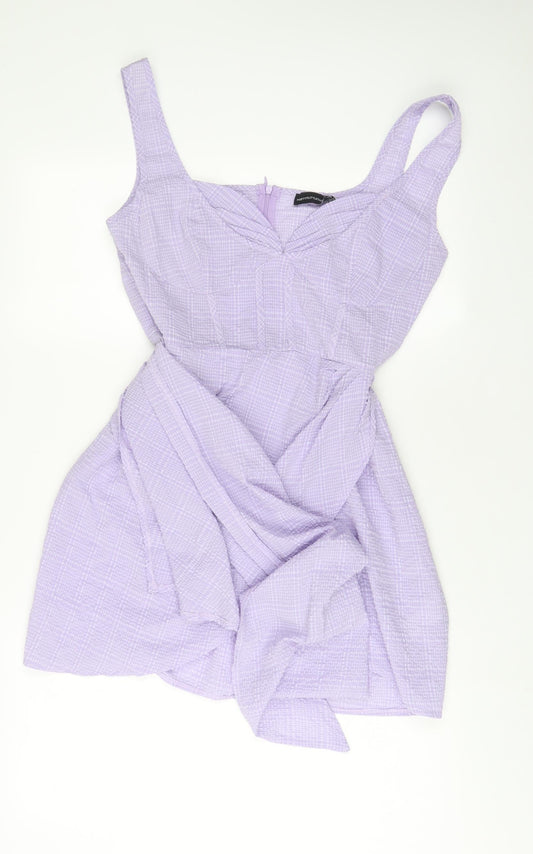 PRETTYLITTLETHING Womens Purple Polyester A-Line Size 14 V-Neck Zip