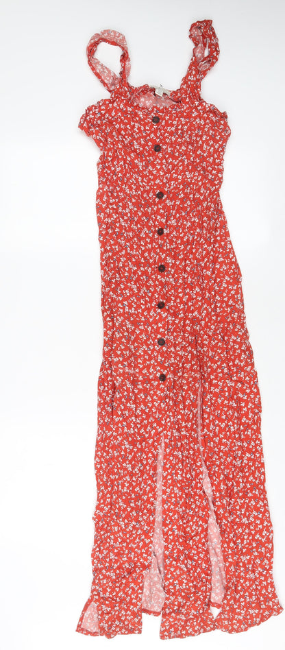Topshop Womens Red Floral Viscose A-Line Size 8 Square Neck Button - Side slits