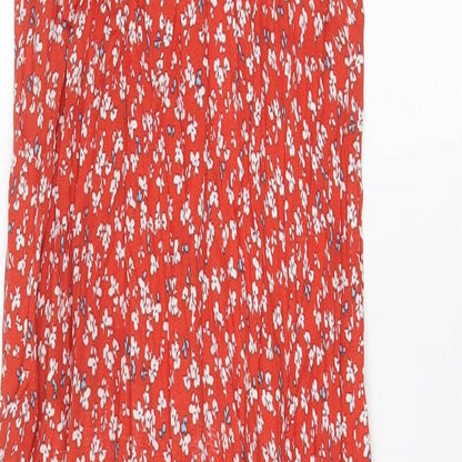 Topshop Womens Red Floral Viscose A-Line Size 8 Square Neck Button - Side slits