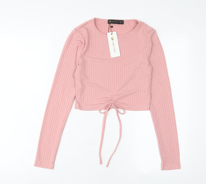 I SAW IT FIRST Womens Pink Polyester Cropped T-Shirt Size 8 Crew Neck