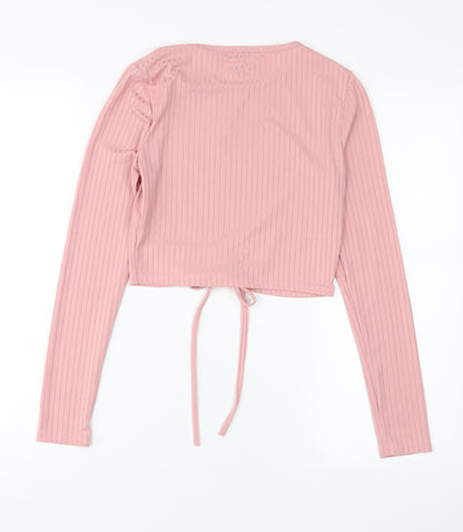 I SAW IT FIRST Womens Pink Polyester Cropped T-Shirt Size 8 Crew Neck