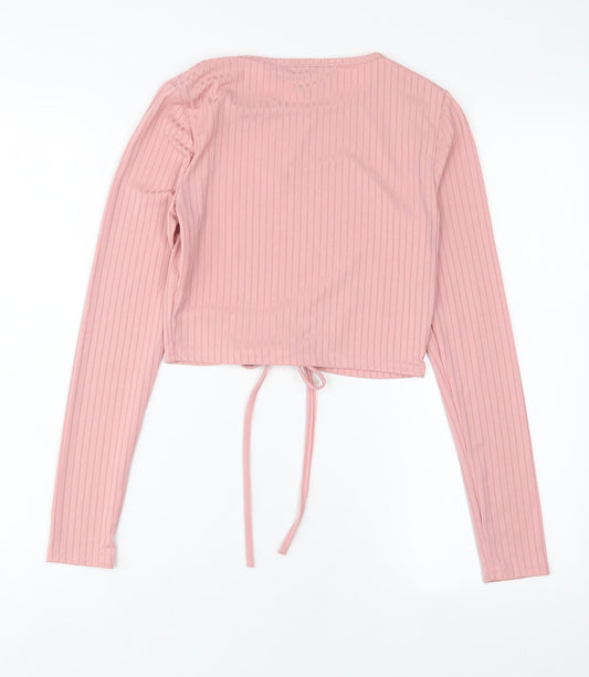 I SAW IT FIRST Womens Pink Polyester Cropped T-Shirt Size 8 Crew Neck