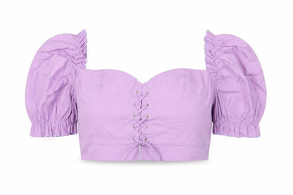 Front view of I SAW IT FIRST women’s purple viscose cropped blouse, size UK 8, v-neck