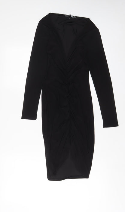 Boohoo Womens Black Polyester Bodycon Size 8 V-Neck Pullover