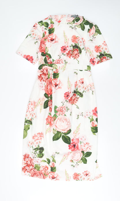 ASOS Womens White Floral Polyester Sheath Size 8 Crew Neck Zip