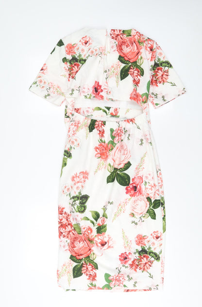 ASOS Womens White Floral Polyester Sheath Size 8 Crew Neck Zip