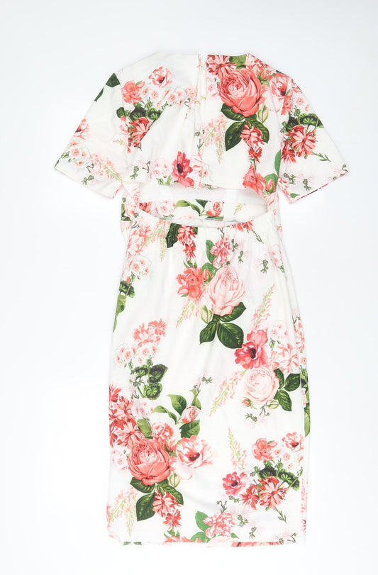 ASOS Womens White Floral Polyester Sheath Size 8 Crew Neck Zip