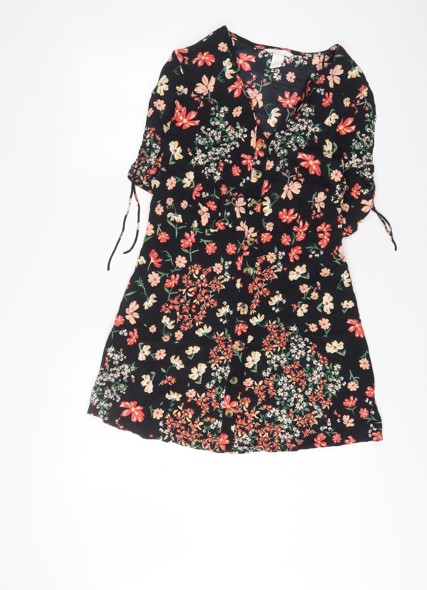 H&M Womens Black Floral Viscose A-Line Size 6 V-Neck Button