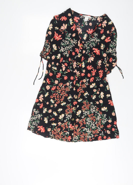 H&M Womens Black Floral Viscose A-Line Size 6 V-Neck Button