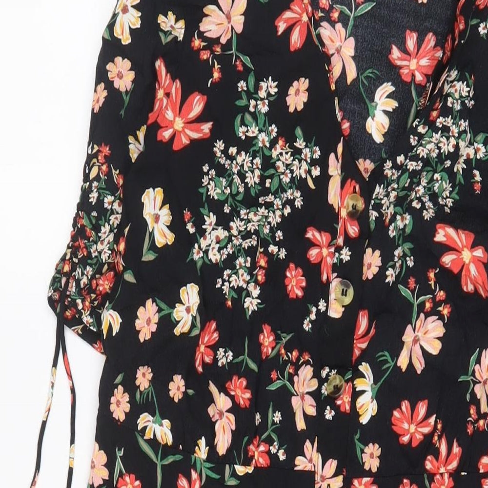 H&M Womens Black Floral Viscose A-Line Size 6 V-Neck Button