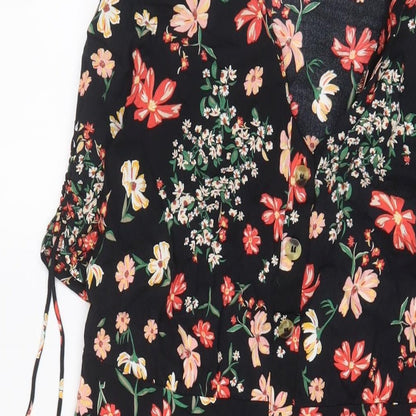 H&M Womens Black Floral Viscose A-Line Size 6 V-Neck Button