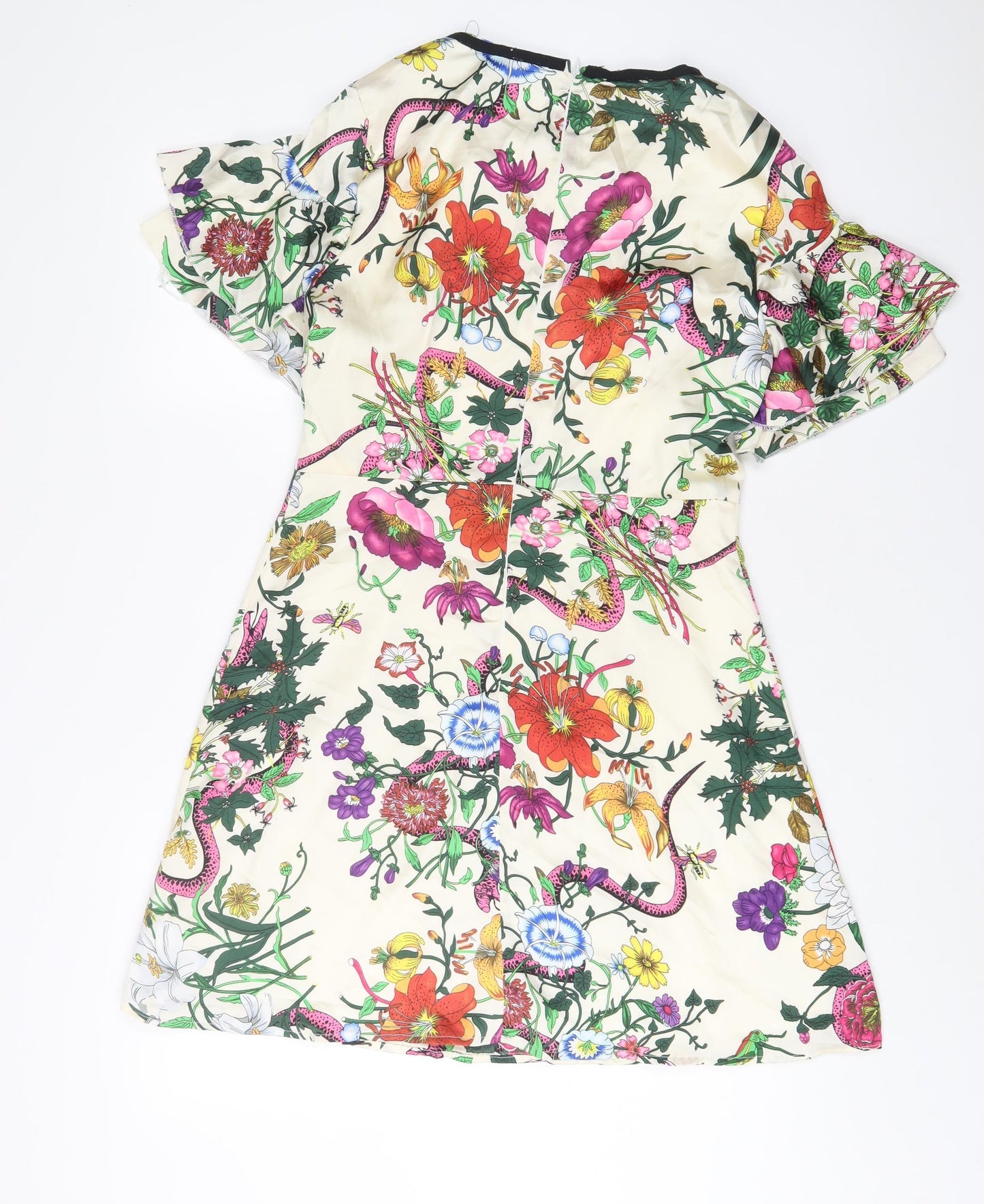 Danity Womens White Floral Polyester A-Line Size L Boat Neck Zip