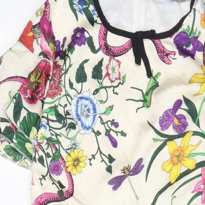 Danity Womens White Floral Polyester A-Line Size L Boat Neck Zip