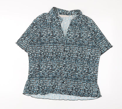 EWM Womens Blue Geometric Polyester Basic Button-Up Size 16 Collared - Pleated