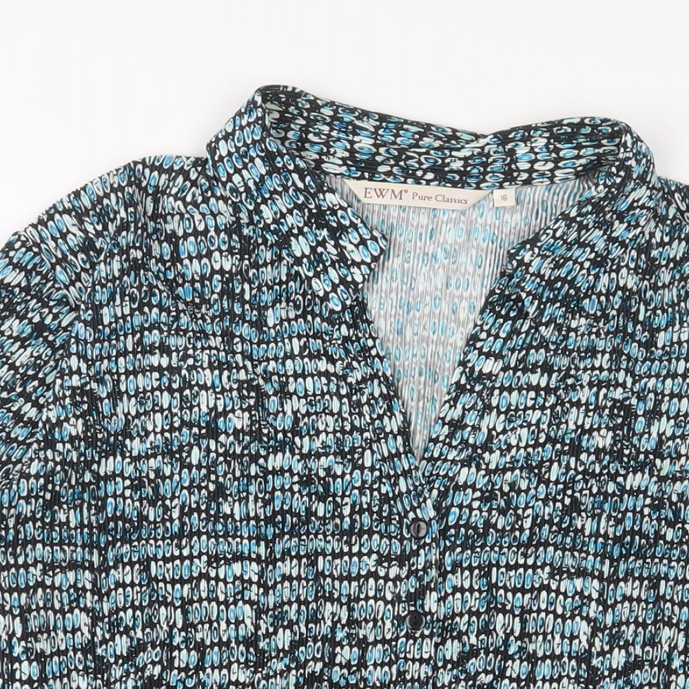 EWM Womens Blue Geometric Polyester Basic Button-Up Size 16 Collared - Pleated