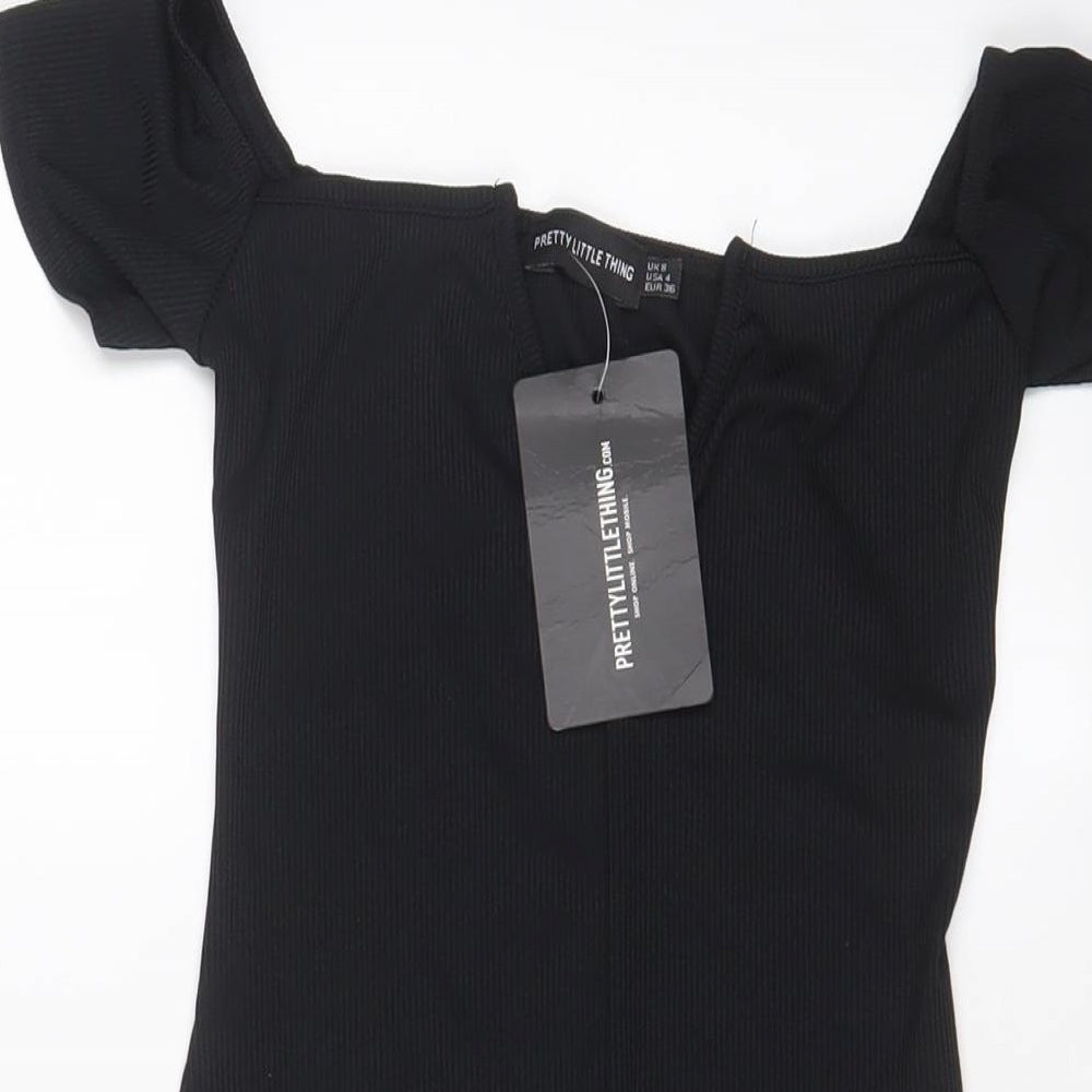 PRETTYLITTLETHING Womens Black Polyester Bodycon Size 8 V-Neck Pullover