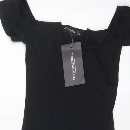 PRETTYLITTLETHING Womens Black Polyester Bodycon Size 8 V-Neck Pullover