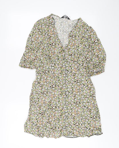 Miss Selfridge Womens Multicoloured Floral Viscose A-Line Size 10 V-Neck Button
