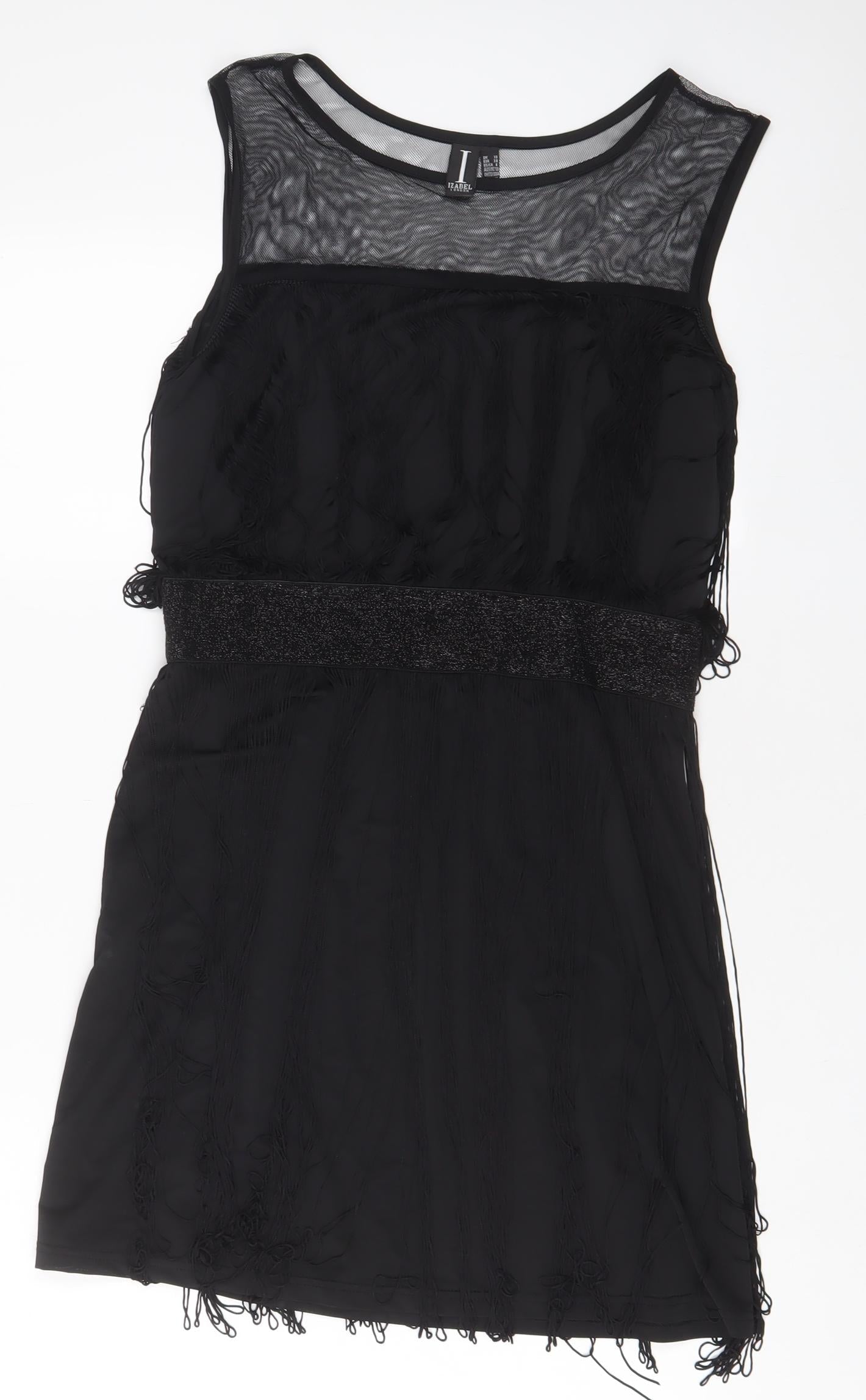 Izabel London Womens Black Polyester A-Line Size 10 Boat Neck Pullover - Tassled