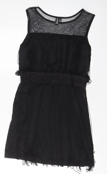 Izabel London Womens Black Polyester A-Line Size 10 Boat Neck Pullover - Tassled